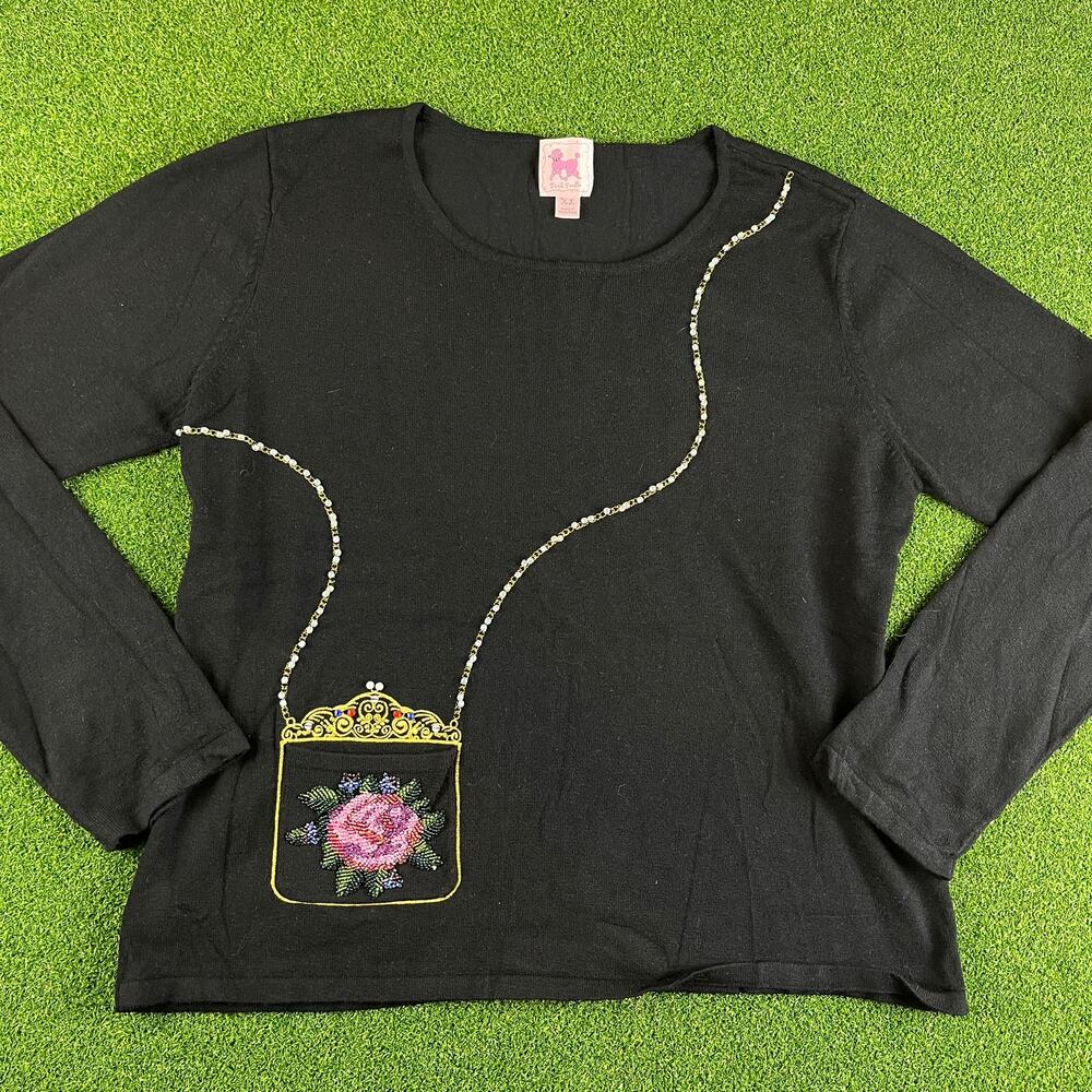 Vintage 90s Y2K Pink Poodle Beaded Rossette Pocketed Long Sleeve Knit Top Sz XL